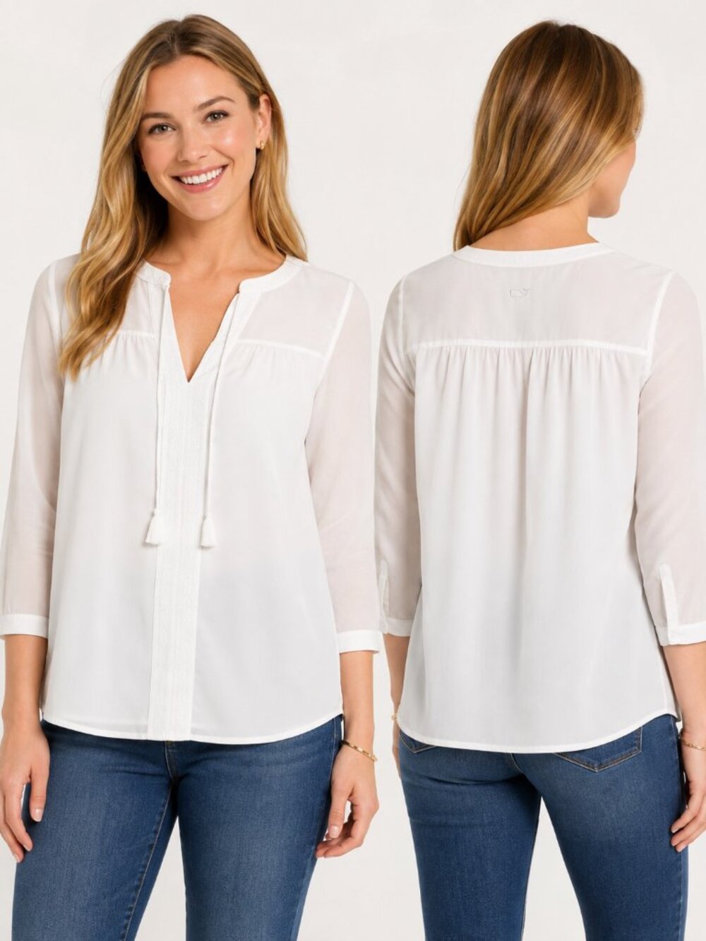 Vineyard Vines White Embroidered Silk Blend 3/4 Sleeve Blouse Womens Size XS NWT